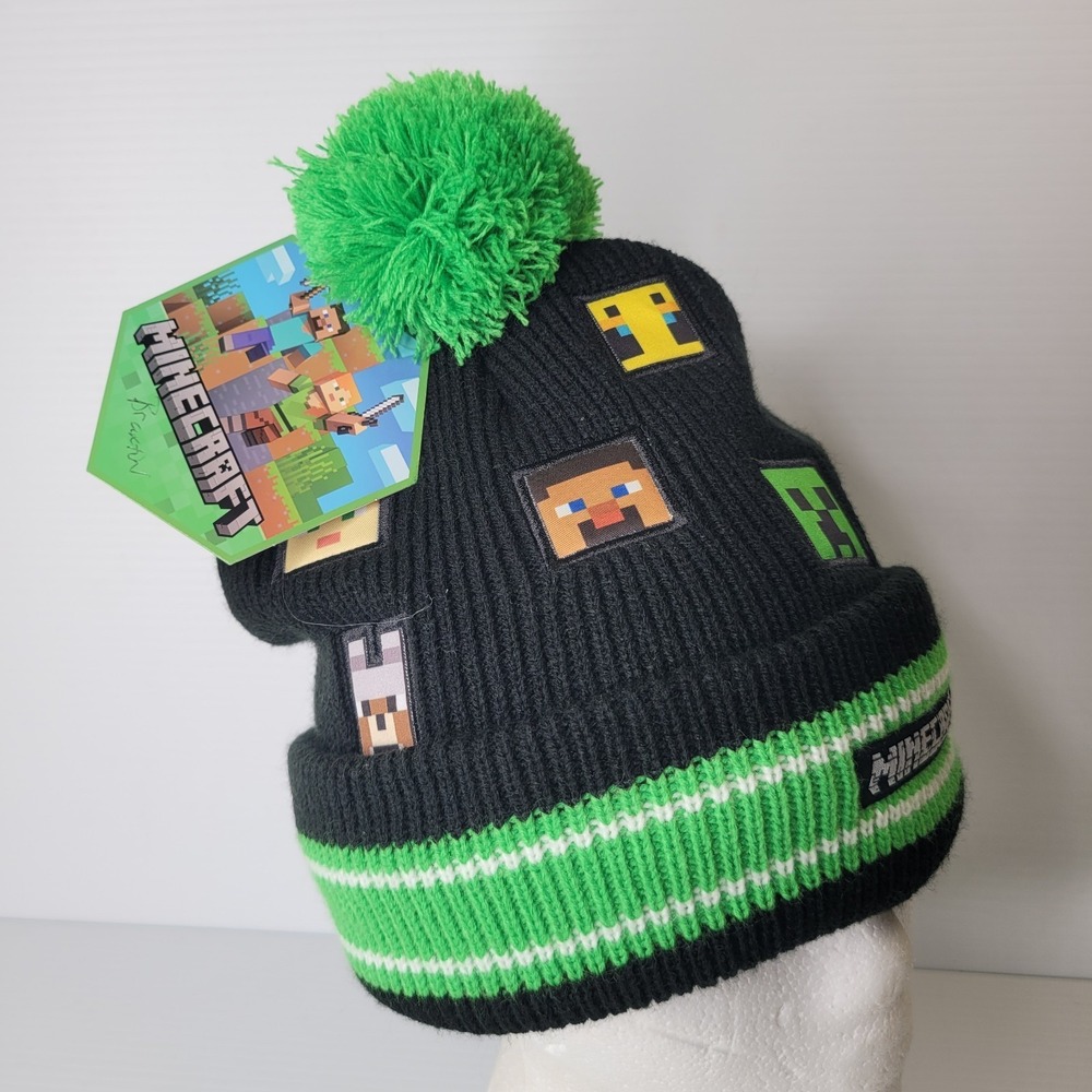 Minecraft Chenille Beanie w/‎ Pom Pom Creeper Alex Bee Diamond Steve NEW w/ Tags